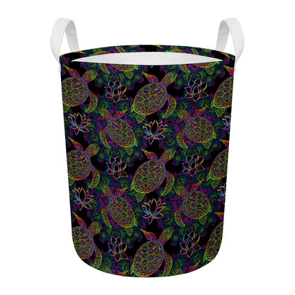 Psychedelic Sea Turtle Pattern Print Round Laundry Basket