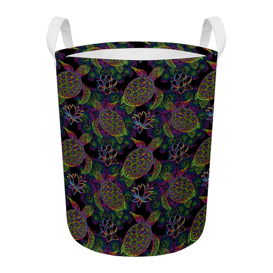 Psychedelic Sea Turtle Pattern Print Round Laundry Basket