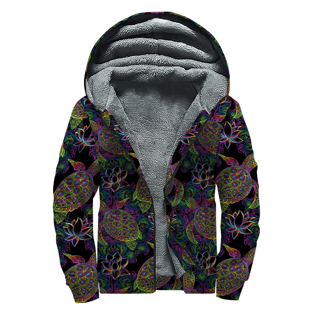 Psychedelic Sea Turtle Pattern Print Sherpa Lined Zip Up Hoodie