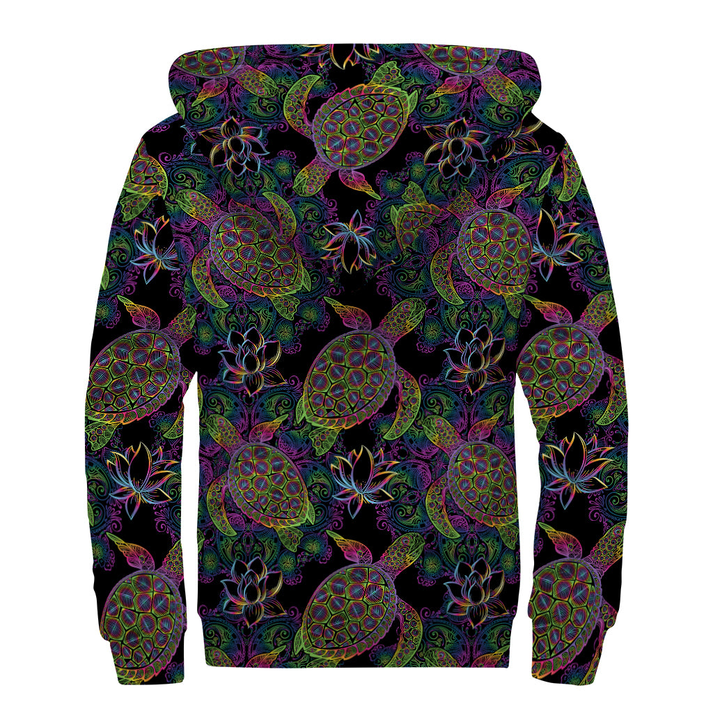 Psychedelic Sea Turtle Pattern Print Sherpa Lined Zip Up Hoodie