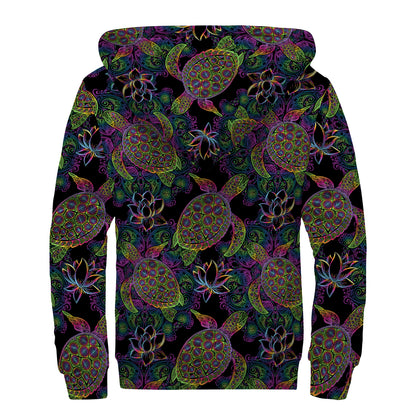 Psychedelic Sea Turtle Pattern Print Sherpa Lined Zip Up Hoodie