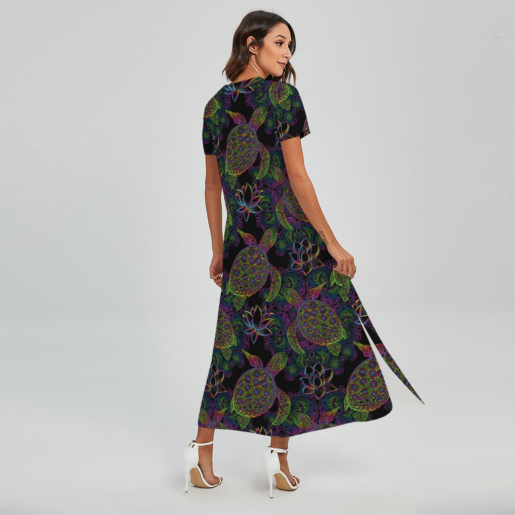 Psychedelic Sea Turtle Pattern Print Short Sleeve Maxi Dress