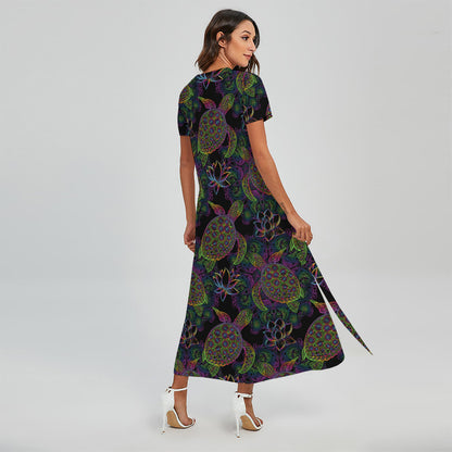 Psychedelic Sea Turtle Pattern Print Short Sleeve Maxi Dress