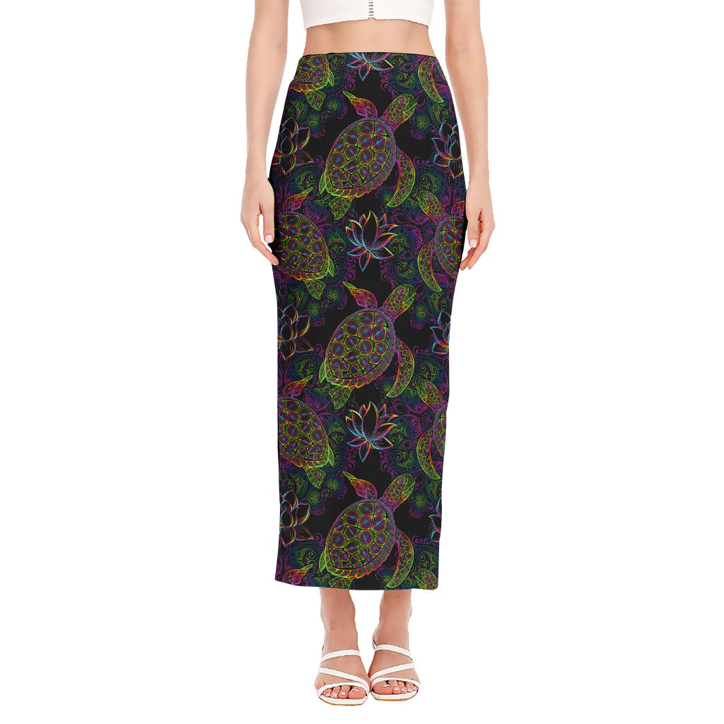 Psychedelic Sea Turtle Pattern Print Side Slit Maxi Skirt
