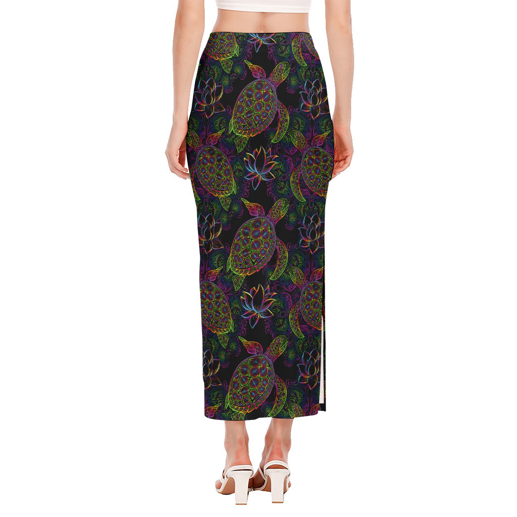 Psychedelic Sea Turtle Pattern Print Side Slit Maxi Skirt