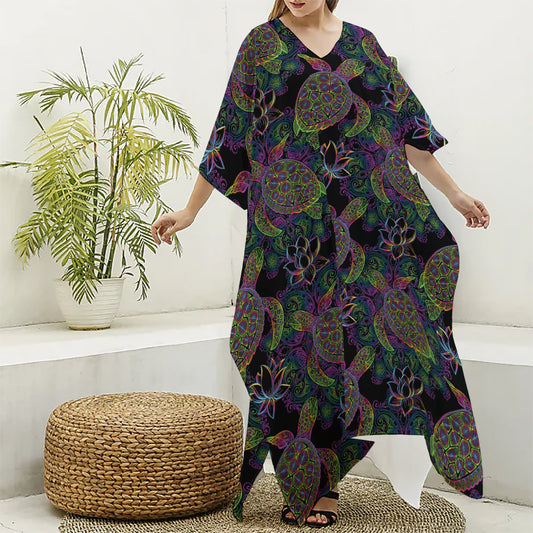 Psychedelic Sea Turtle Pattern Print Silk V-Neck Kaftan Dress