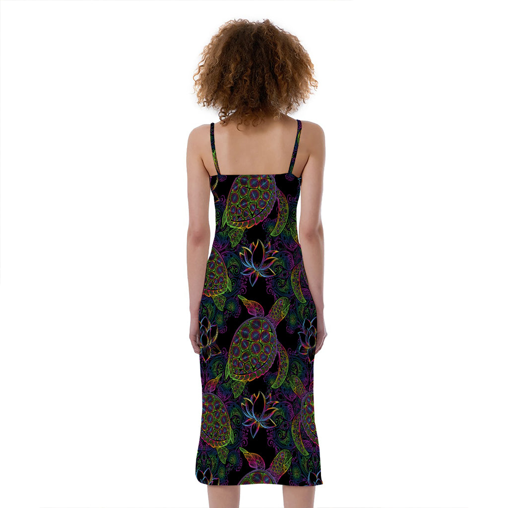 Psychedelic Sea Turtle Pattern Print Slim Fit Midi Cami Dress