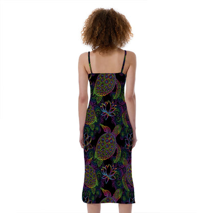 Psychedelic Sea Turtle Pattern Print Slim Fit Midi Cami Dress