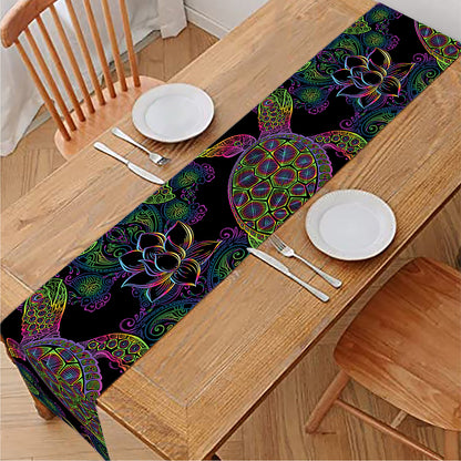 Psychedelic Sea Turtle Pattern Print Table Runner