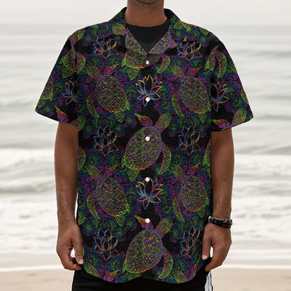 Psychedelic Sea Turtle Pattern Print Textured Short Sleeve Shirt