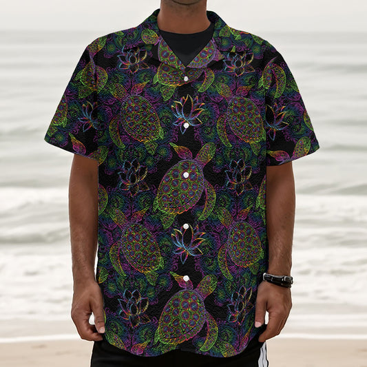Psychedelic Sea Turtle Pattern Print Textured Short Sleeve Shirt