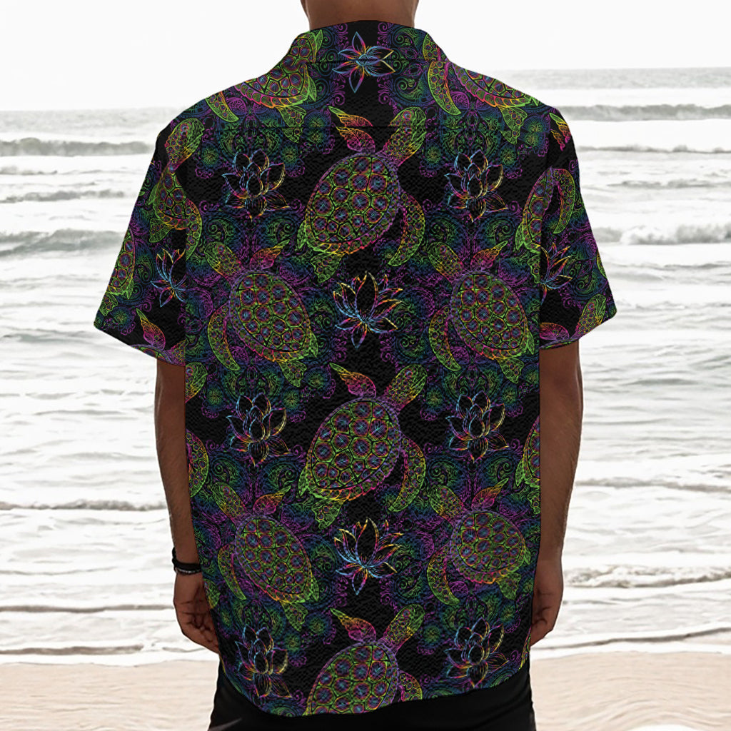 Psychedelic Sea Turtle Pattern Print Textured Short Sleeve Shirt