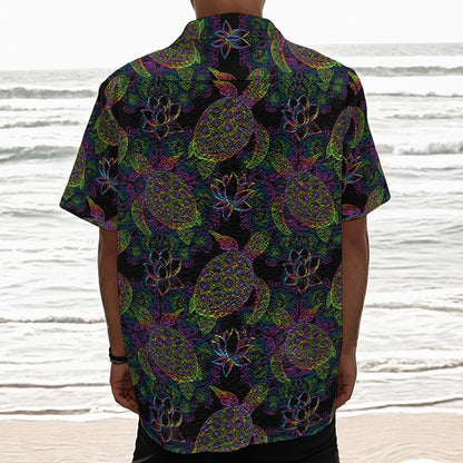 Psychedelic Sea Turtle Pattern Print Textured Short Sleeve Shirt