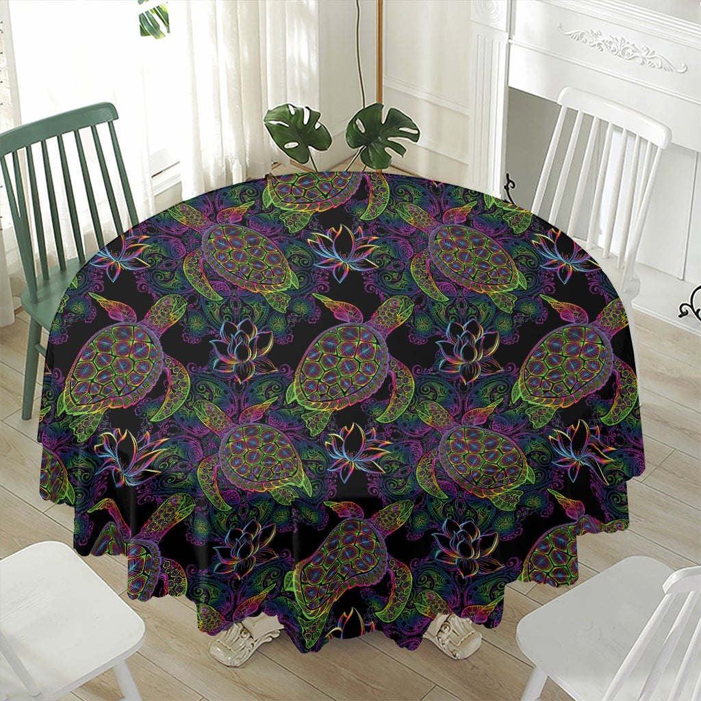 Psychedelic Sea Turtle Pattern Print Waterproof Round Tablecloth