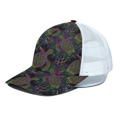 Psychedelic Sea Turtle Pattern Print White Mesh Trucker Cap
