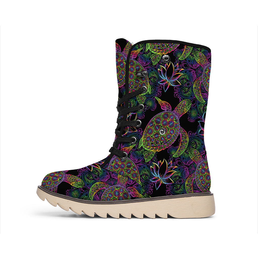 Psychedelic Sea Turtle Pattern Print Winter Boots