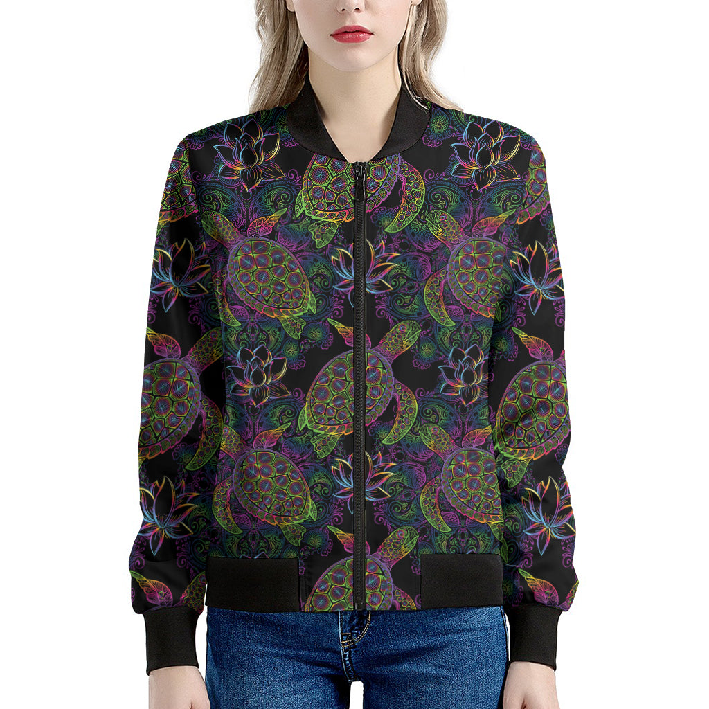 Psychedelic Sea Turtle Pattern Print Women's Bomber Jacket