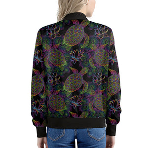 Psychedelic Sea Turtle Pattern Print Women's Bomber Jacket