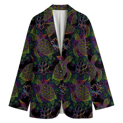 Psychedelic Sea Turtle Pattern Print Women's Cotton Blazer