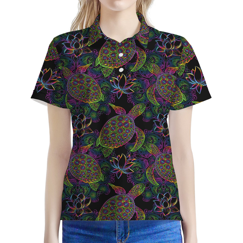 Psychedelic Sea Turtle Pattern Print Women's Polo Shirt