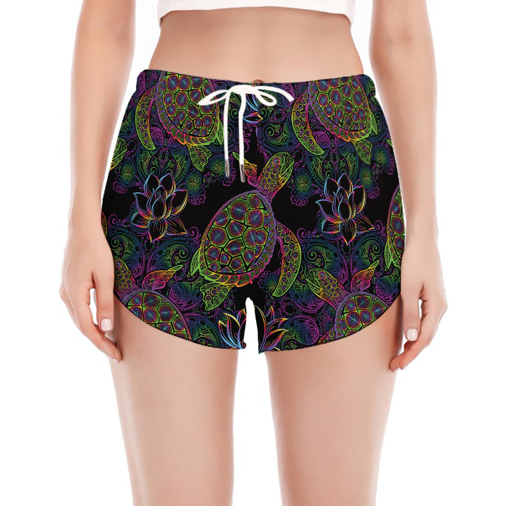 Psychedelic Sea Turtle Pattern Print Women's Split Running Shorts