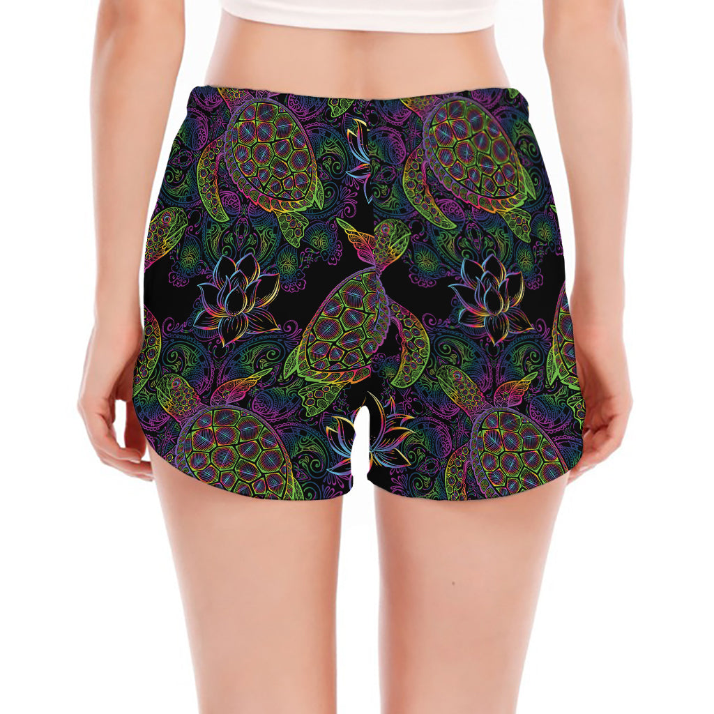 Psychedelic Sea Turtle Pattern Print Women's Split Running Shorts