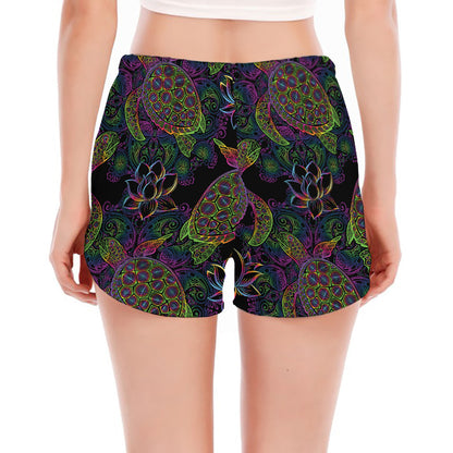 Psychedelic Sea Turtle Pattern Print Women's Split Running Shorts