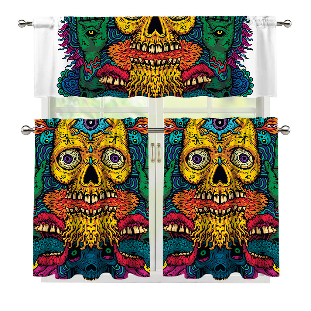 Psychedelic Skull Print 3 Piece Kitchen Curtains