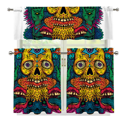 Psychedelic Skull Print 3 Piece Kitchen Curtains