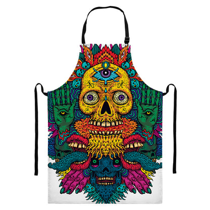 Psychedelic Skull Print Bib Apron With Pocket
