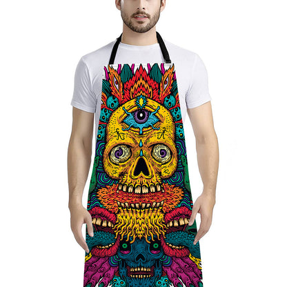 Psychedelic Skull Print Bib Apron With Pocket
