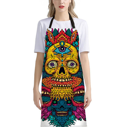 Psychedelic Skull Print Bib Apron With Pocket