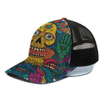 Psychedelic Skull Print Black Mesh Trucker Cap
