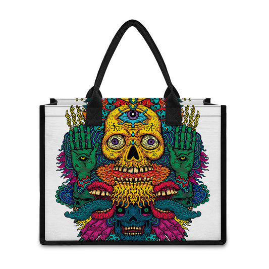 Psychedelic Skull Print Canvas Tote Bag