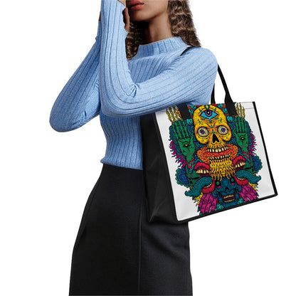 Psychedelic Skull Print Canvas Tote Bag