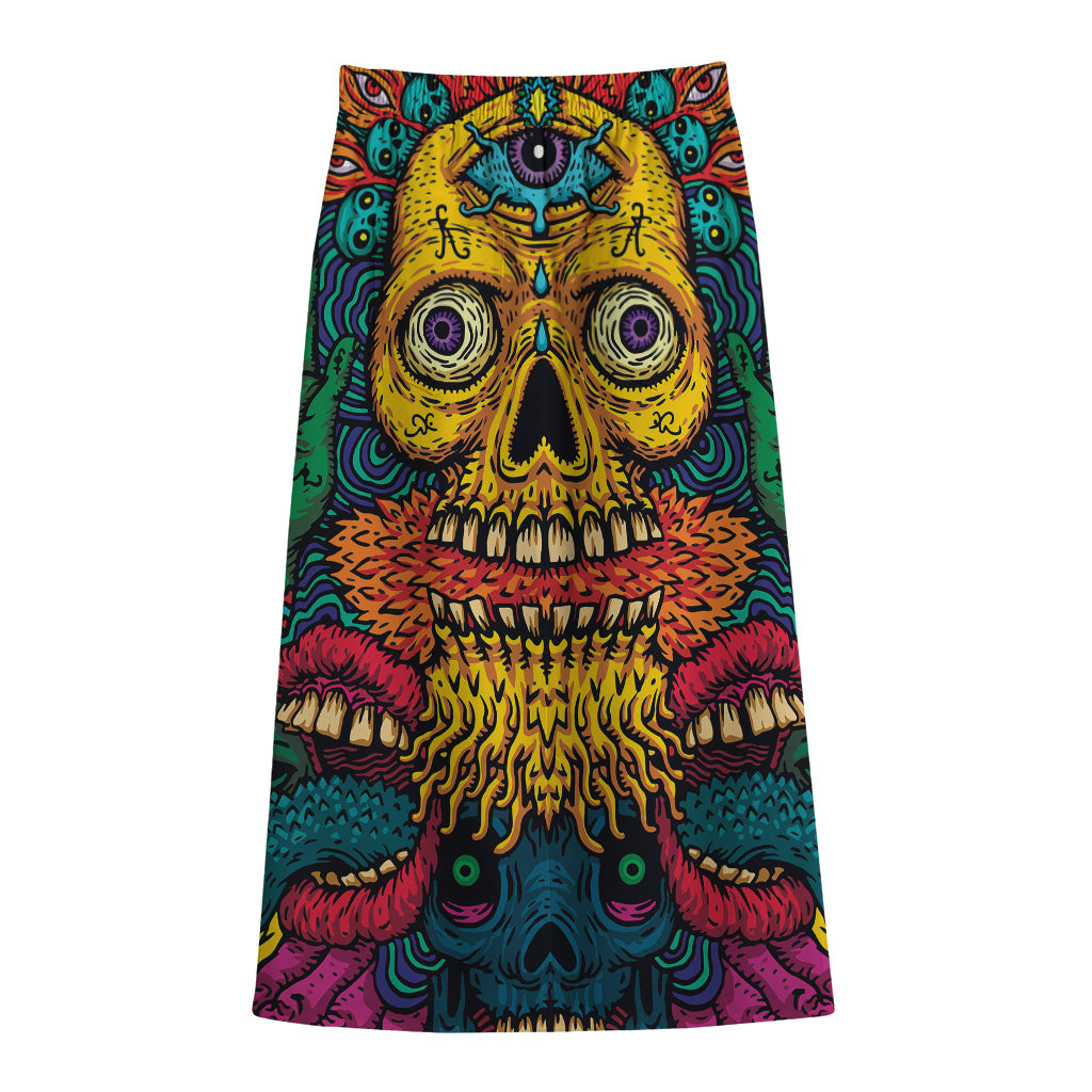 Psychedelic Skull Print Cotton Front Slit Maxi Skirt
