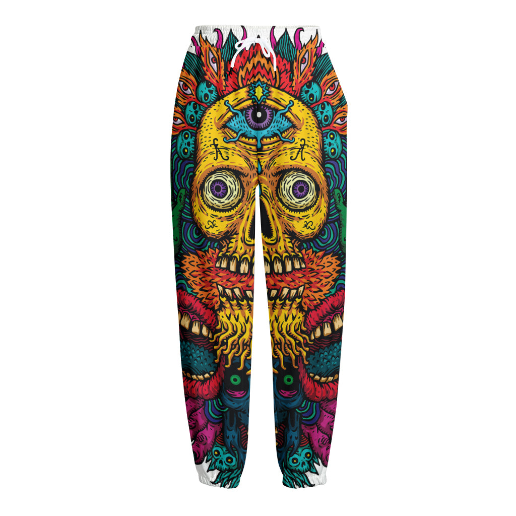 Psychedelic Skull Print Fleece Lined Knit Pants