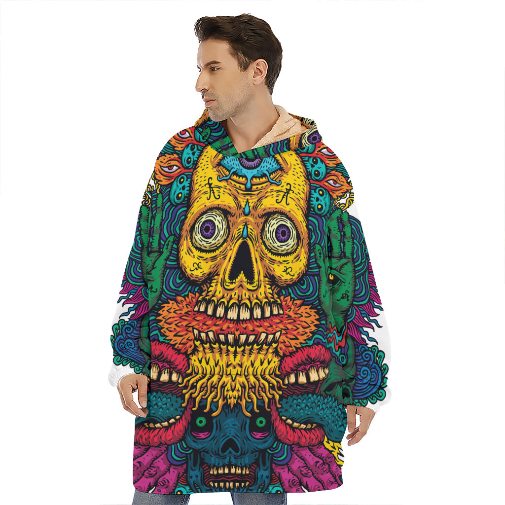 Psychedelic Skull Print Hoodie Blanket