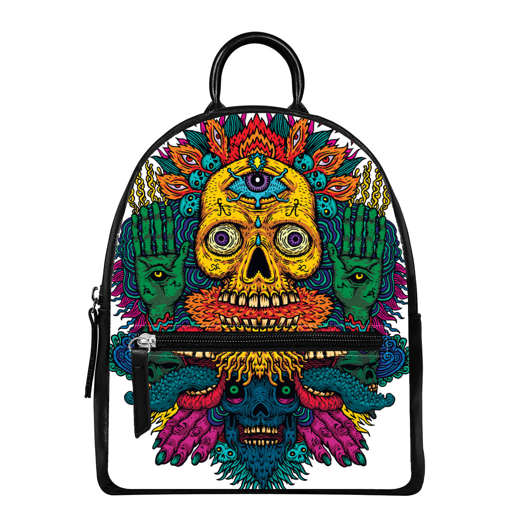 Psychedelic Skull Print Leather Backpack