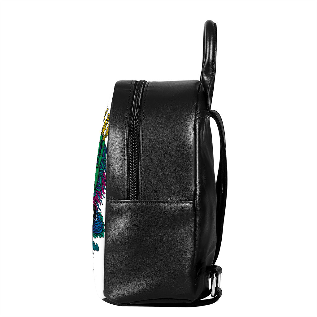 Psychedelic Skull Print Leather Backpack