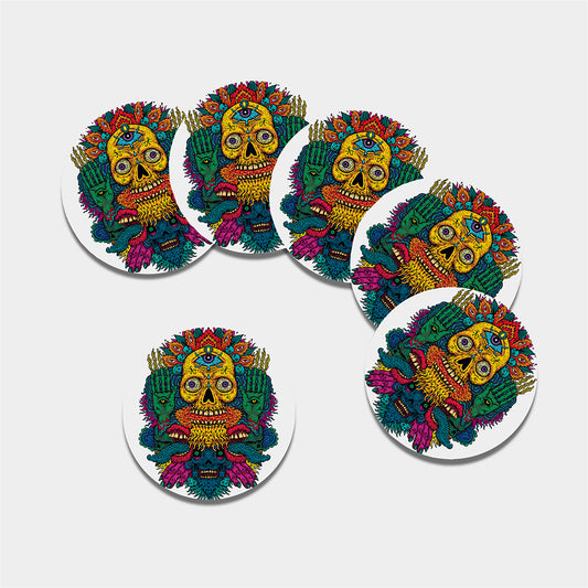 Psychedelic Skull Print Leather Coaster Set