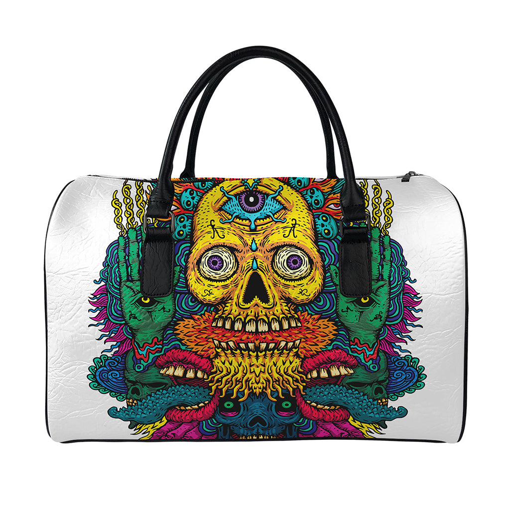 Psychedelic Skull Print Leather Duffle Bag