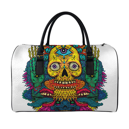 Psychedelic Skull Print Leather Duffle Bag