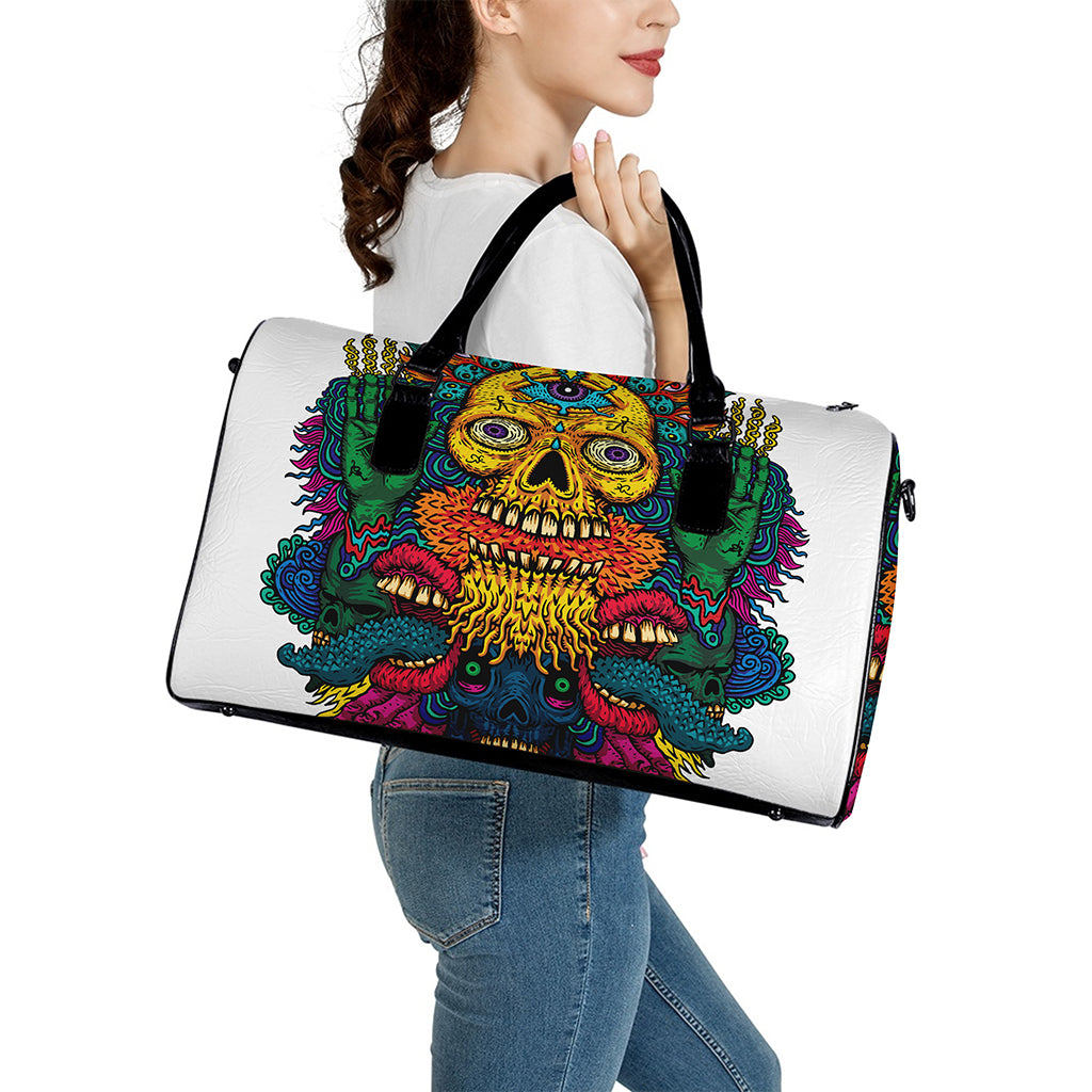 Psychedelic Skull Print Leather Duffle Bag