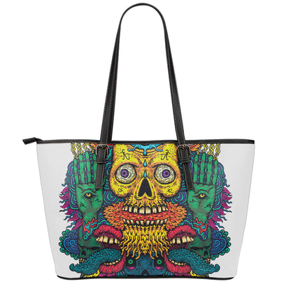 Psychedelic Skull Print Leather Tote Bag