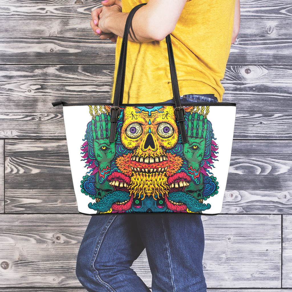 Psychedelic Skull Print Leather Tote Bag