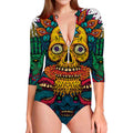 Psychedelic Skull Print Long Sleeve Swimsuit