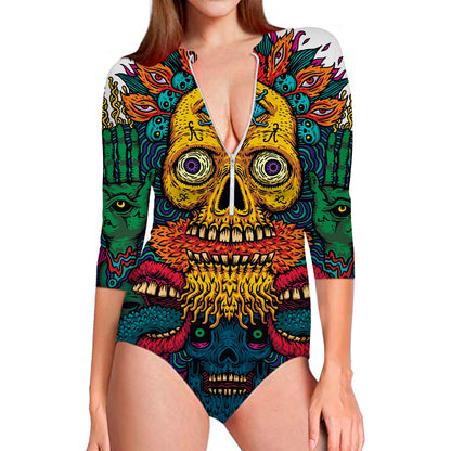 Psychedelic Skull Print Long Sleeve Swimsuit