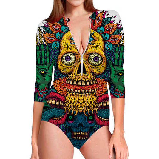 Psychedelic Skull Print Long Sleeve Swimsuit