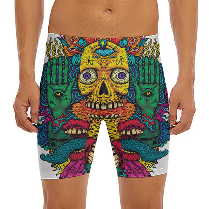Psychedelic Skull Print Men's Long Boxer Briefs